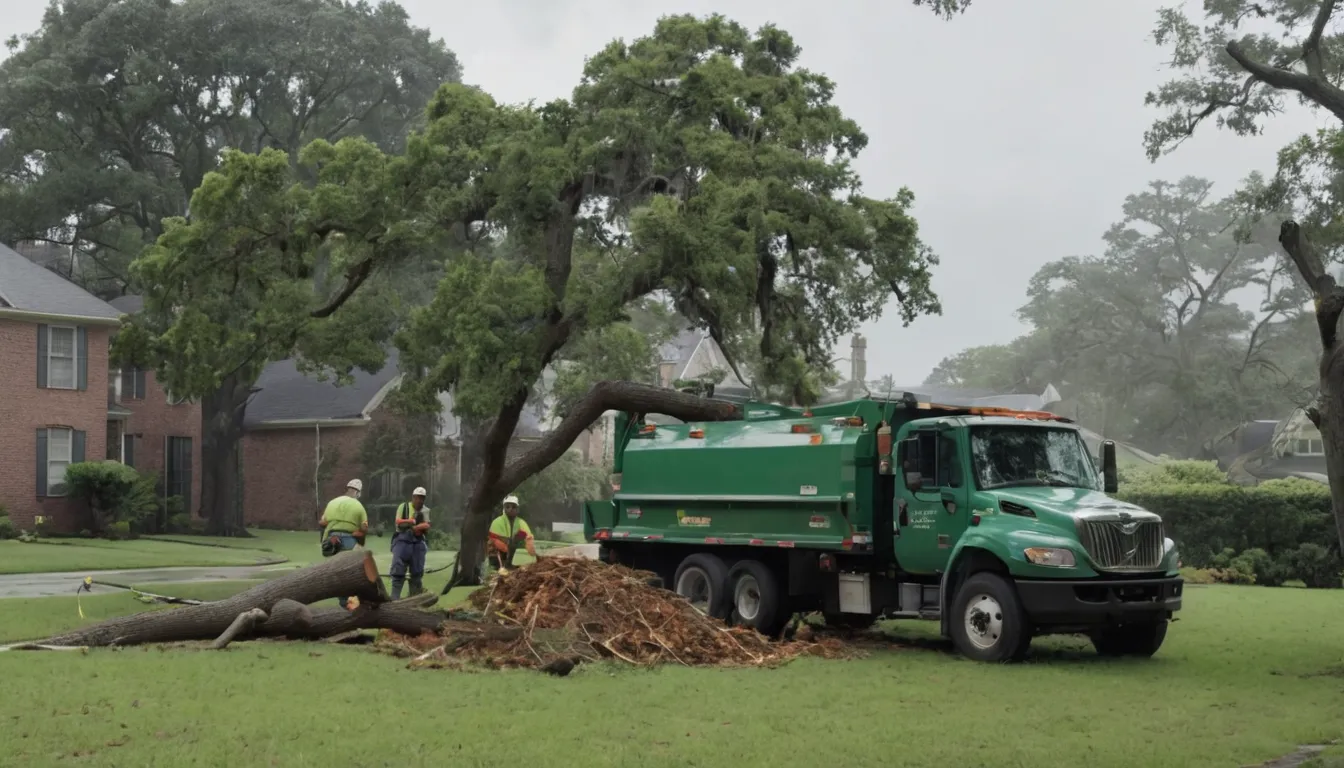 A local tree removal provider cutting a fallen tree off a home's yard after a storm in Canton